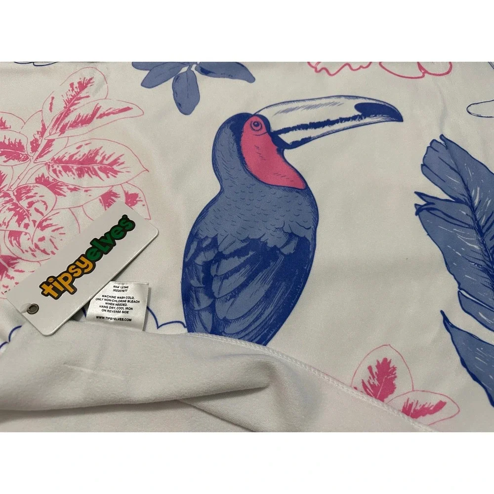 Tipsy Elves Toucan Tango Beach Towel Blue Pink White Tropical Floral 30x60  NEW